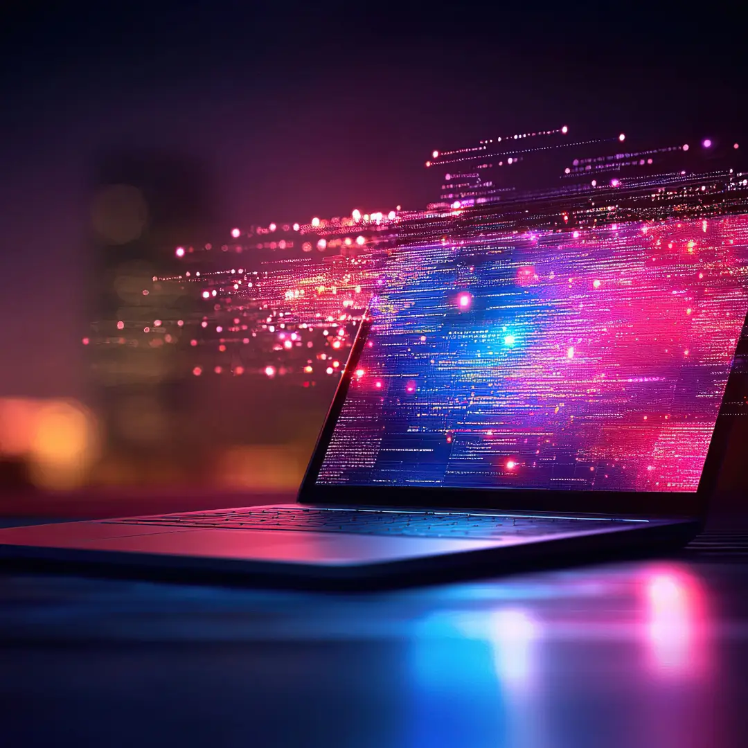 Laptop on a dark surface with neon pink, purple, and blue data streams emanating from the screen, creating a futuristic tech scene.