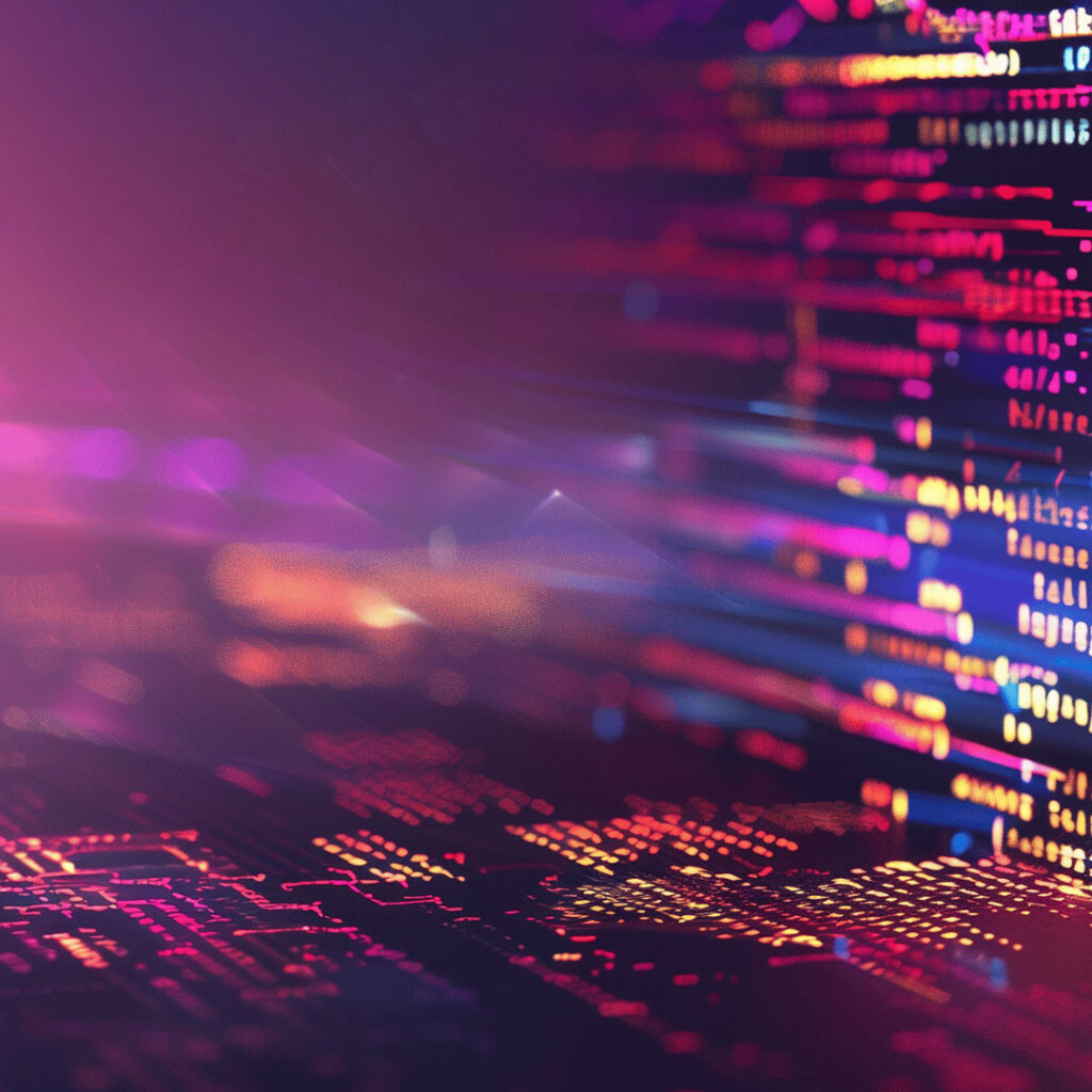 Abstract neon data stream with pink, purple, and blue light trails over a dark circuitry background.
