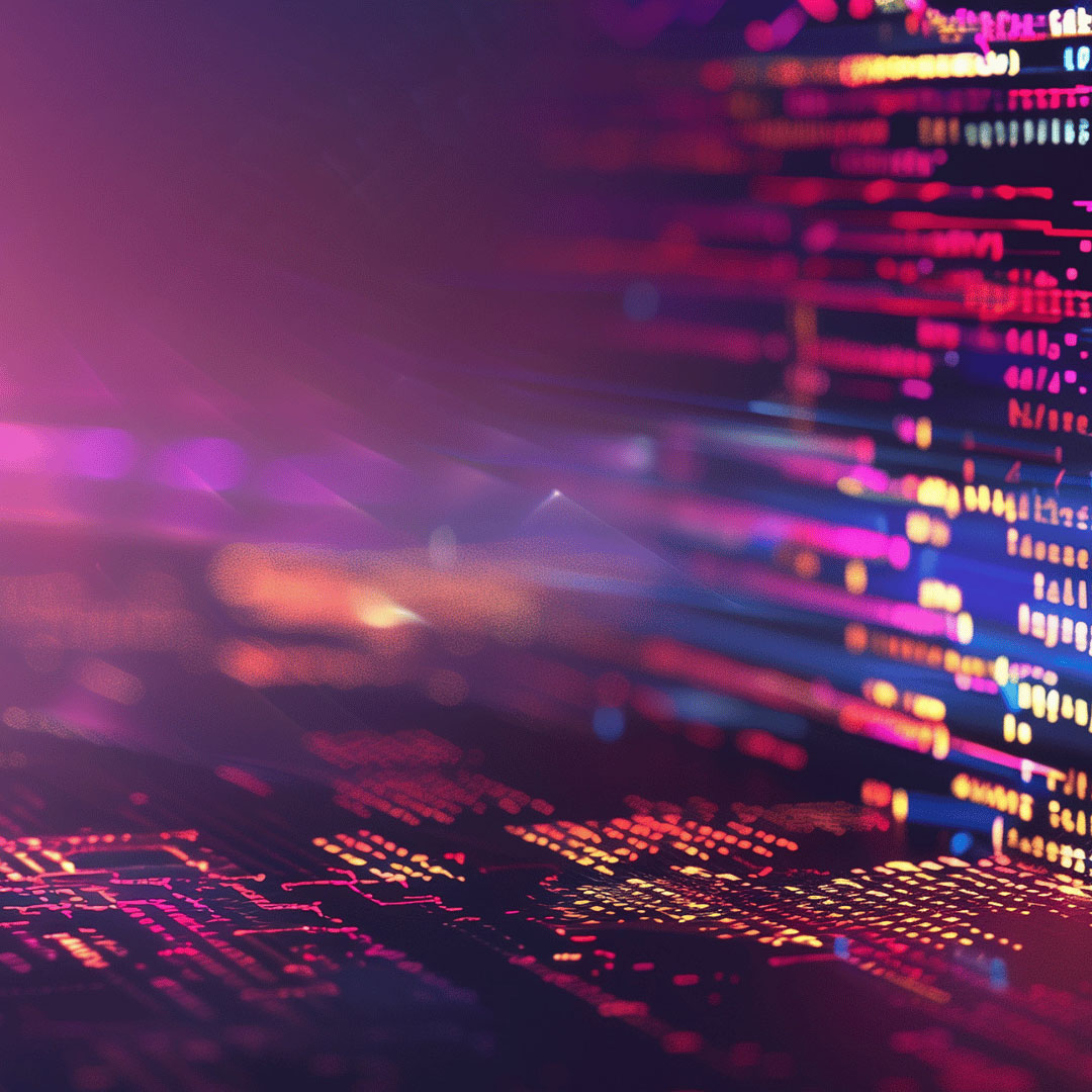 Abstract neon data stream with pink, purple, and blue light trails over a dark circuitry background.
