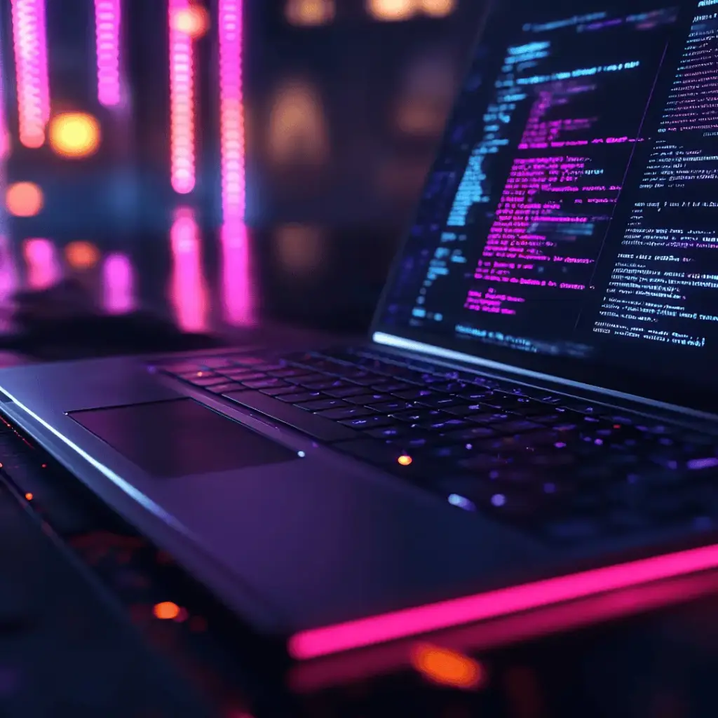 Close-up of a laptop displaying colorful code on a dark screen, with magenta neon lights in the background.