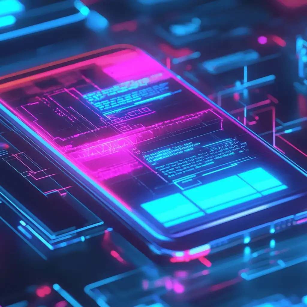 Close-up of a transparent smartphone-like device with neon blue and pink circuit patterns in a futuristic tech setting.