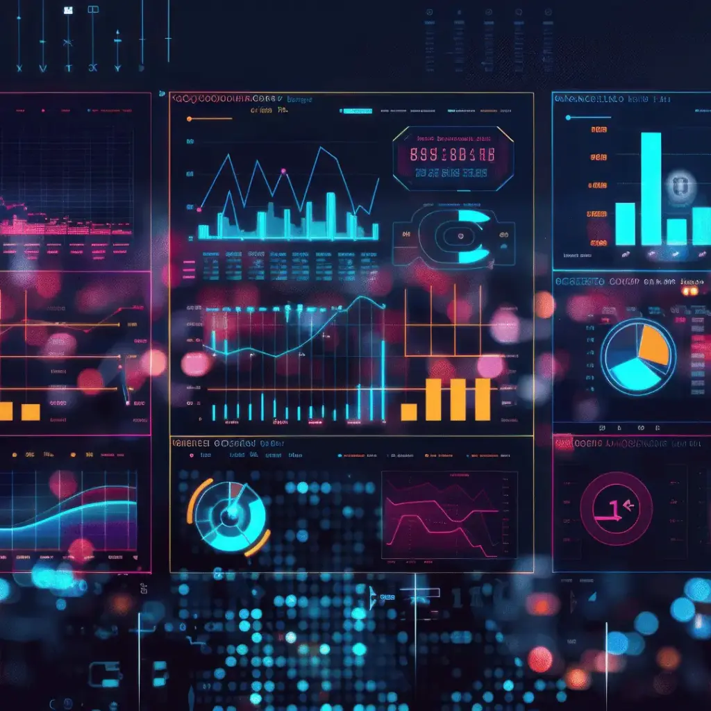Futuristic data dashboards with neon charts, graphs, and gauges displaying analytics across multiple panels.