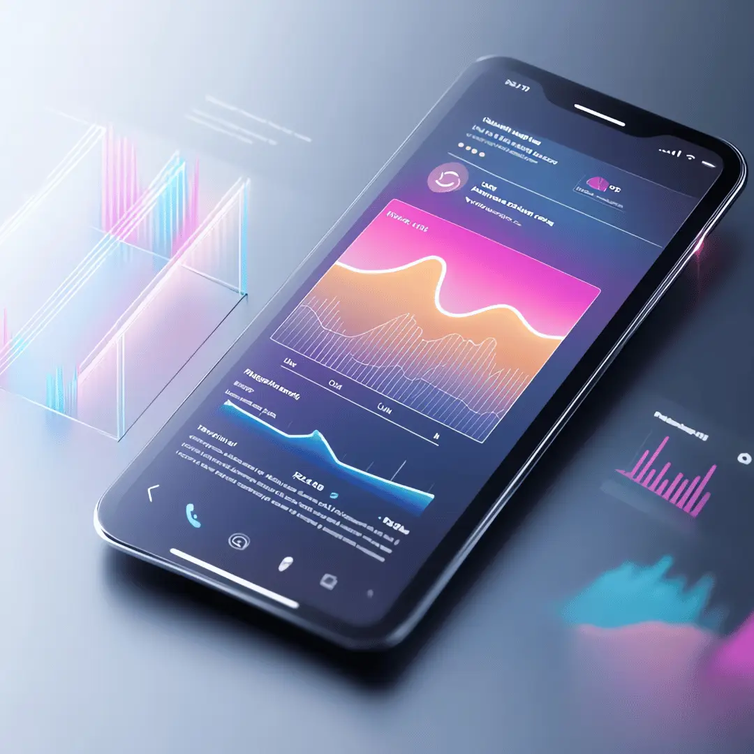 Smartphone displaying a colorful data dashboard with multiple graphs and charts on the screen in neon hues.