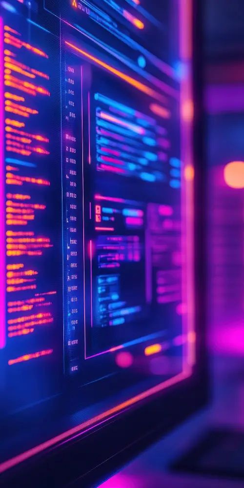 Close-up of a computer monitor displaying neon-lit code and data visuals in purple and blue hues.