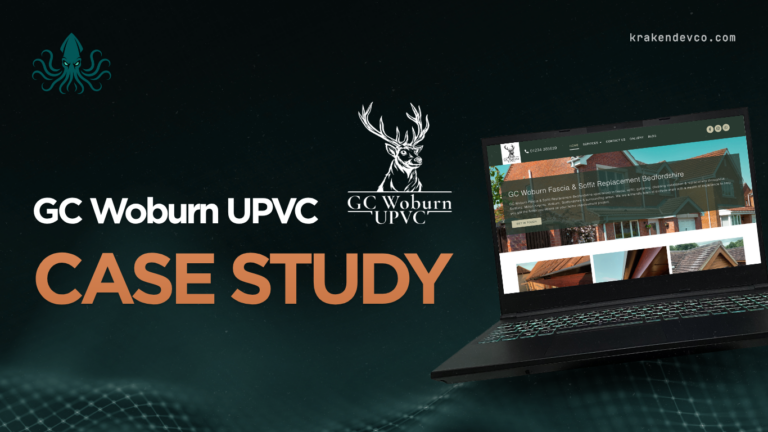 Dark banner featuring GC Woburn UPVC branding with a deer logo and large 'CASE STUDY' text; a laptop shows a home-improvement website mockup on the right.