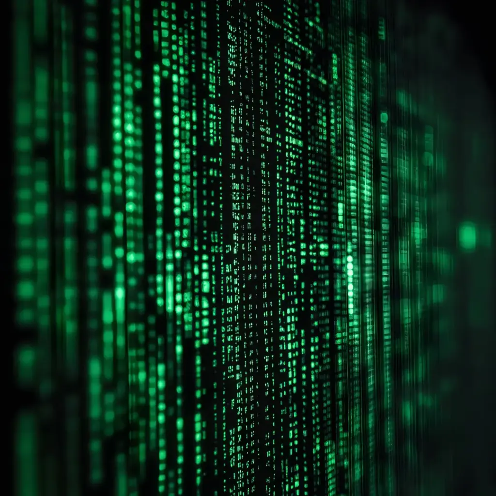 Abstract green binary code cascading down a dark background, symbolizing digital data and cybersecurity.