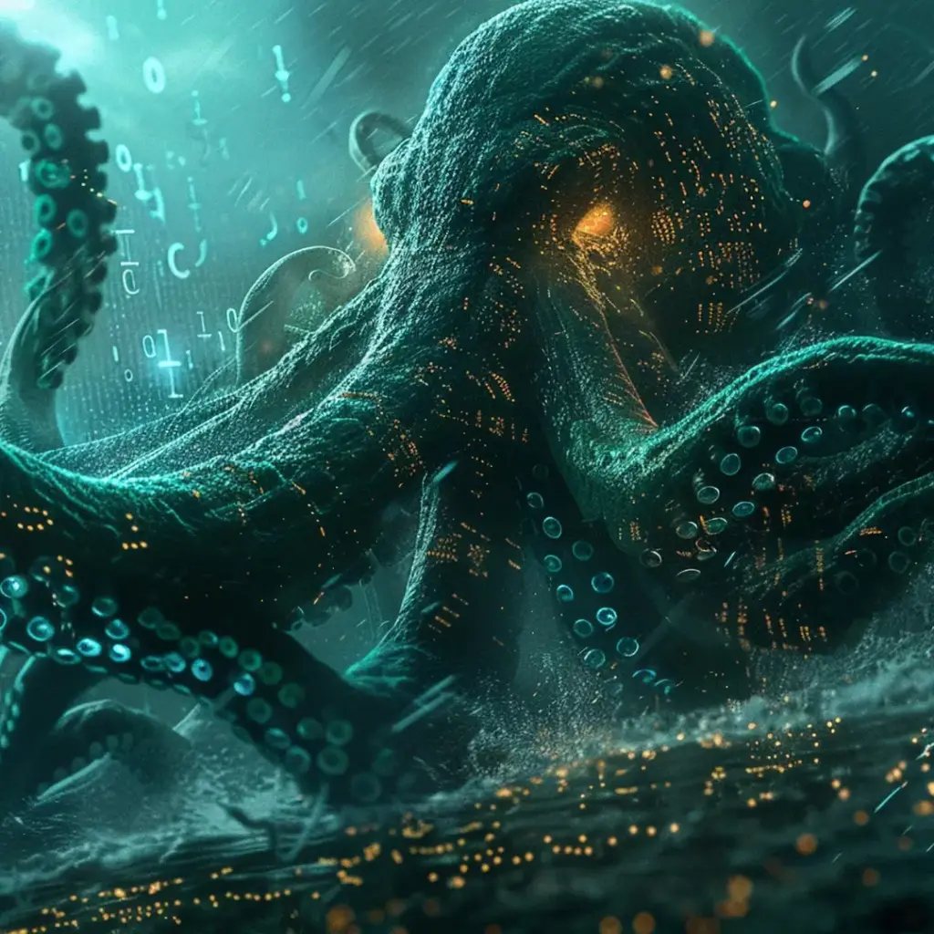 Digital octopus figure formed by circuitry and glowing lights in teal, symbolizing AI and data networks in a stormy, data-driven ocean.