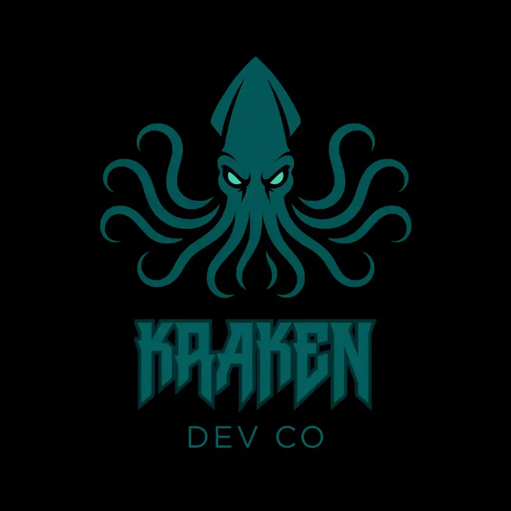 Teal stylized Kraken logo: a menacing octopus head with curling tentacles above the words 'Kraken Dev Co' on a black background.