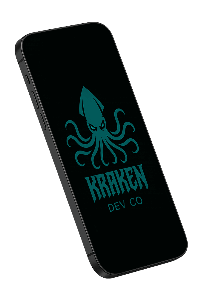 Angled black smartphone displaying a teal Kraken Dev Co logo on a dark screen.
