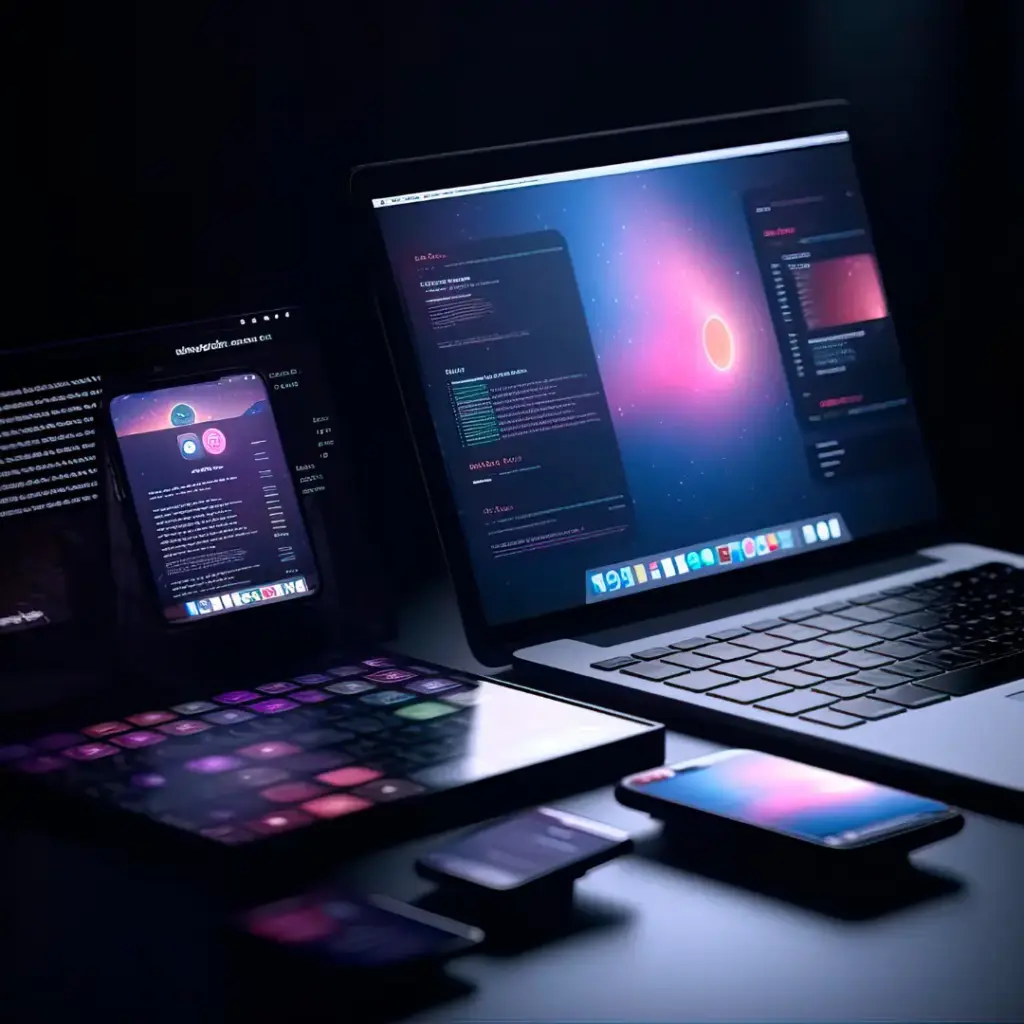 A dark desk setup with a laptop, tablet and phones showing glowing blue-purple app interfaces and icons.