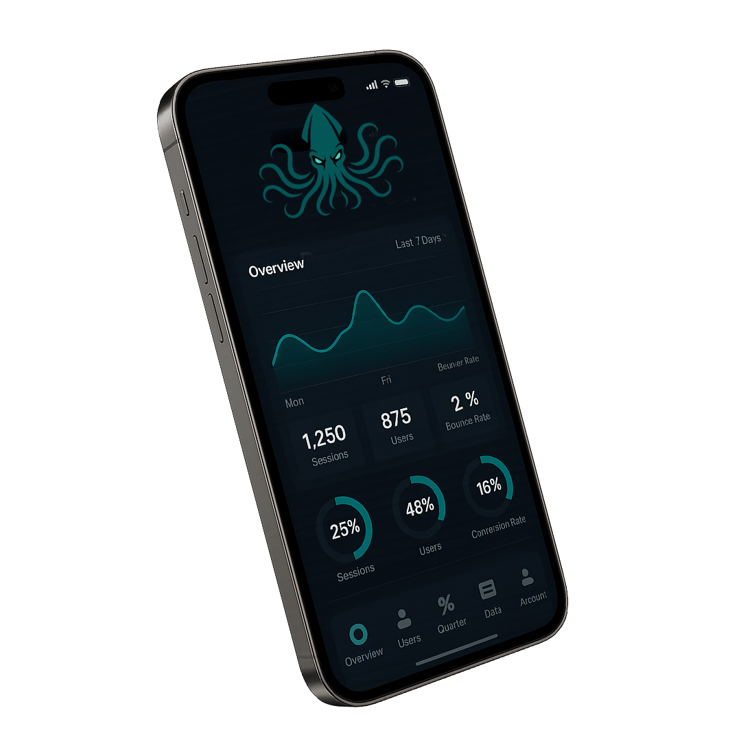 Tilted smartphone displaying a dark analytics dashboard with an octopus logo, line chart, and KPIs (1,250 sessions, 875 users, 2% bounce rate).