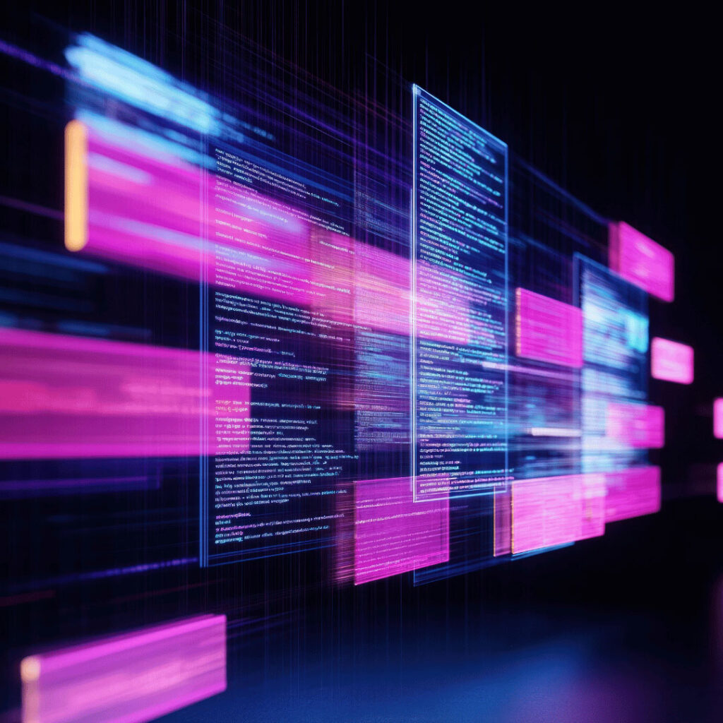 Abstract neon data panels with blue and pink code blocks floating in a dark space, suggesting a high-tech data visualization.
