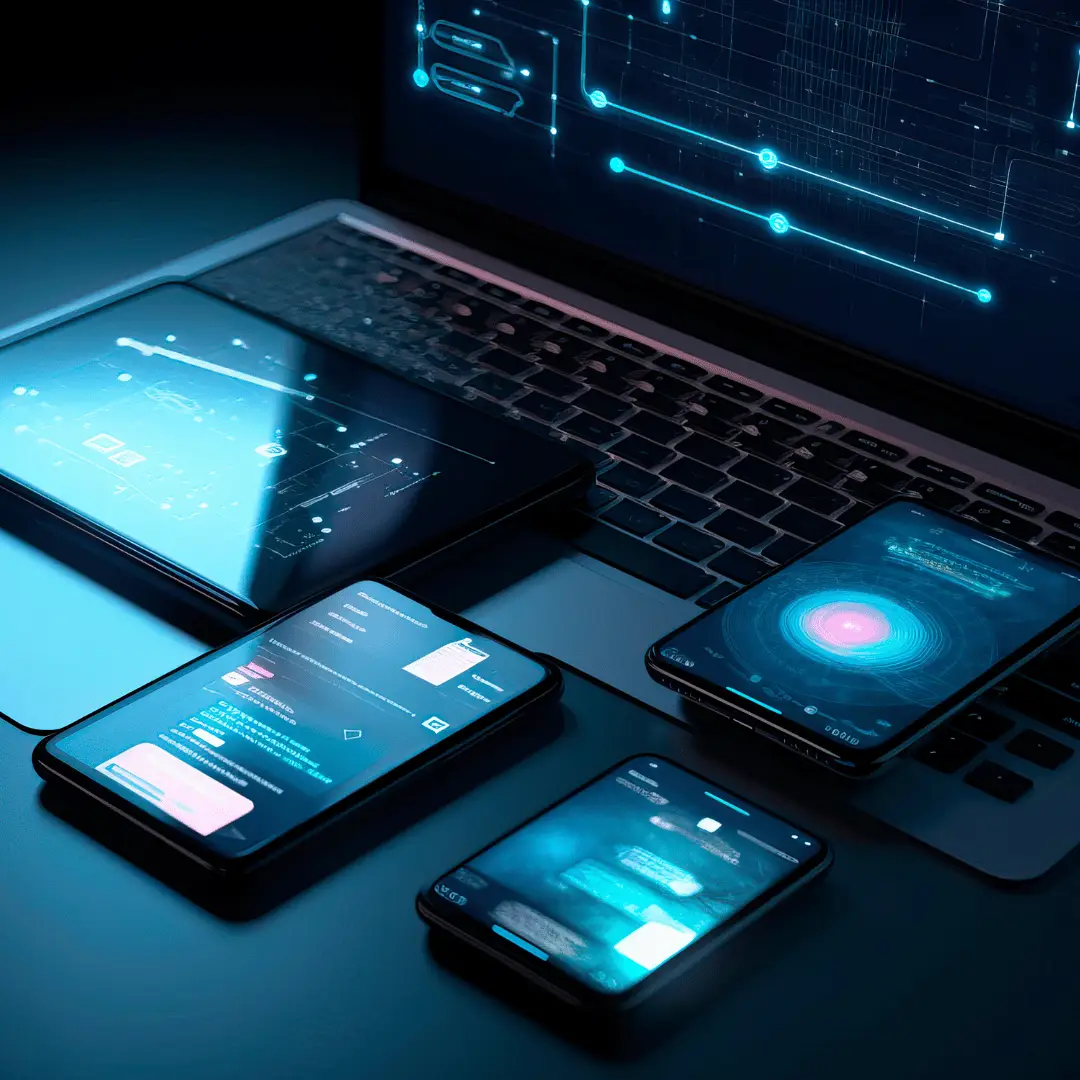 Laptop with glowing blue digital UI on screen, surrounded by several smartphones displaying futuristic holographic graphics in a dark setup.