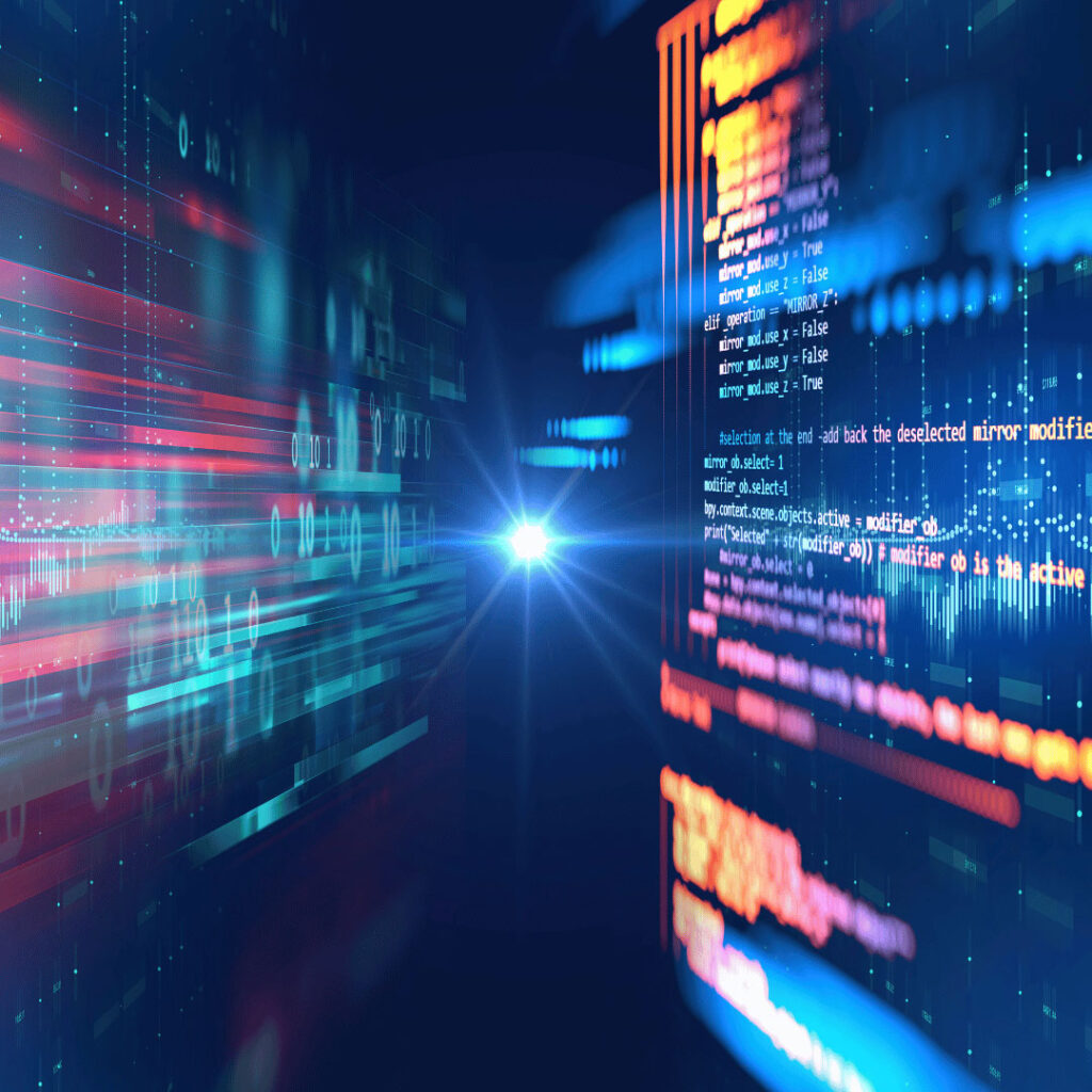 Futuristic digital data stream with glowing code on the right and neon blue/orange lines converging at a bright center.