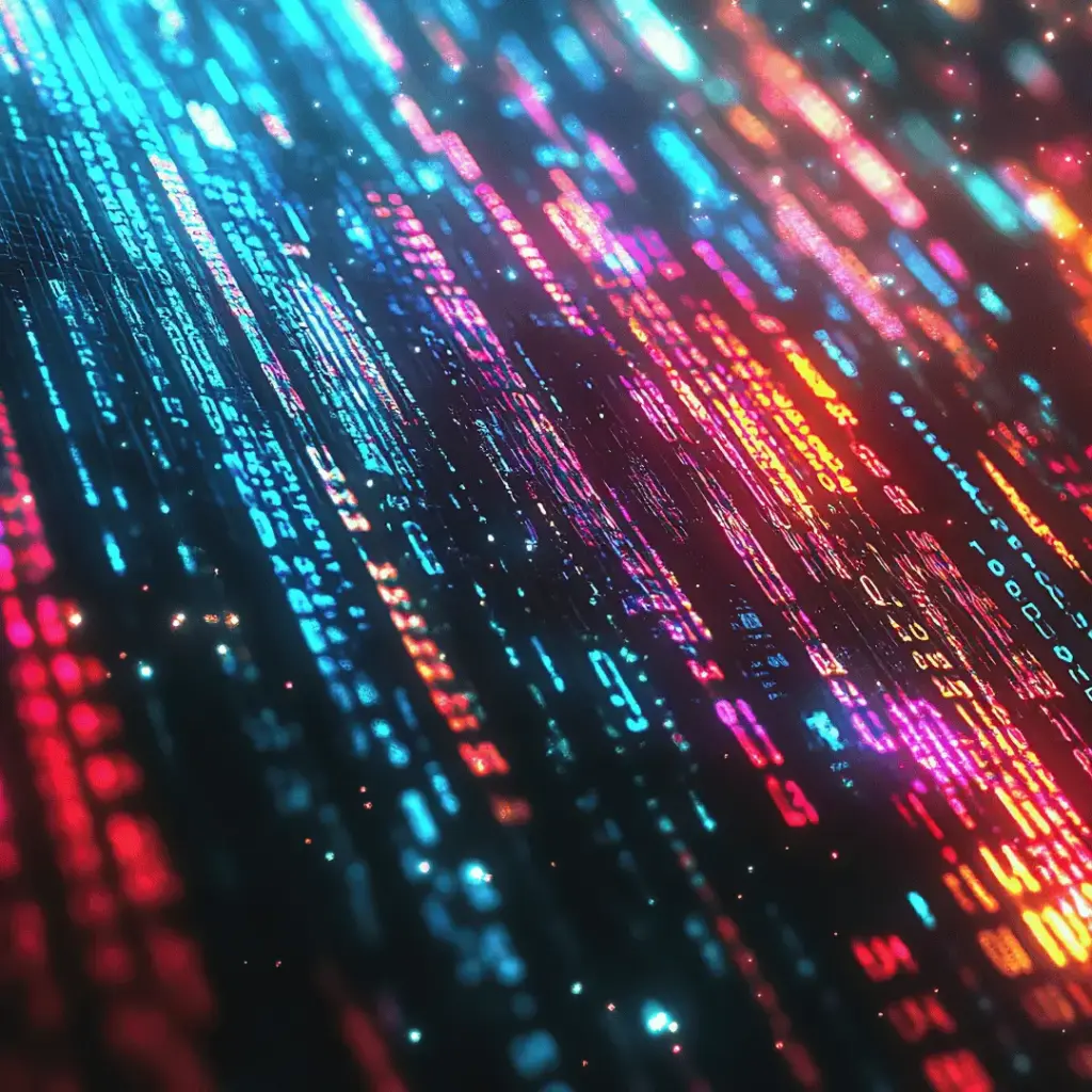 Abstract neon data streams in blues, pinks, and greens cascading diagonally across the image.