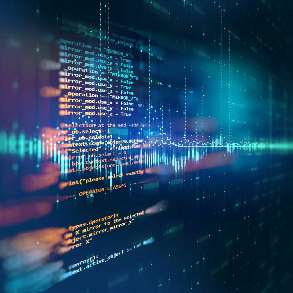 Lines of code in orange on a blue neon background with glowing data streams, illustrating programming and data processing concept.