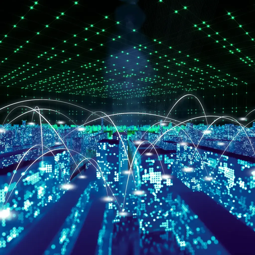 Futuristic cityscape at night with glowing blue buildings and green grid lights overhead, connected by white data arcs illustrating a network.