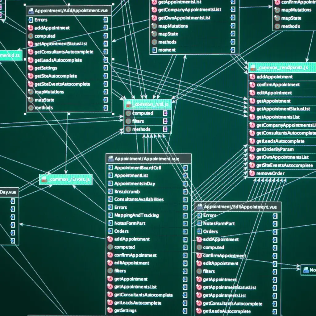 Complex software architecture diagram with many interconnected modules and file names (e.g., Appointment.vue, Errors.js) connected by arrows.