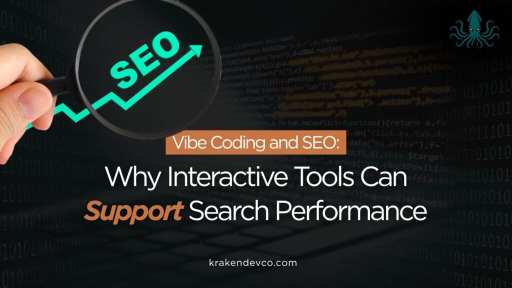 Magnifying glass focusing on an upward SEO arrow over a dark code background, promoting a piece about interactive tools and search performance.