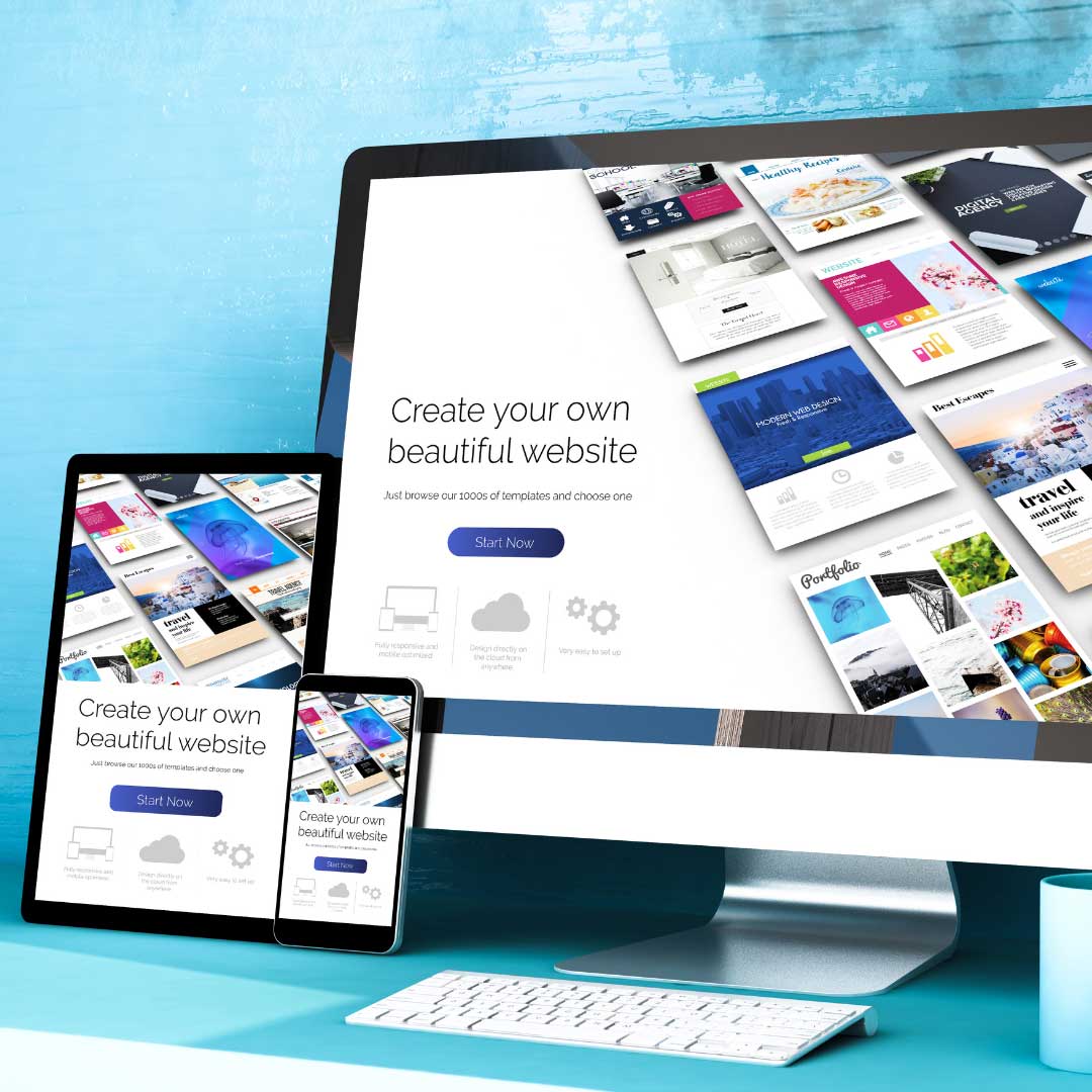 Desktop monitor, tablet, and phone display a website-creation interface with the headline 'Create your own beautiful website' and a 'Start Now' button, plus collage templates in the background.