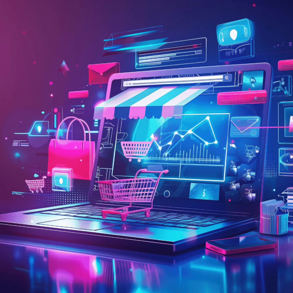 Neon cyberpunk laptop showing an online store with a shopping cart and storefront awning above a data chart scene.