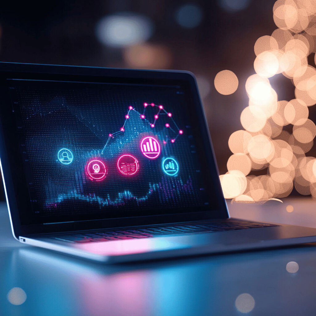 Laptop displaying a neon data dashboard with icons and an upward-trending graph against a blurred city lights background.