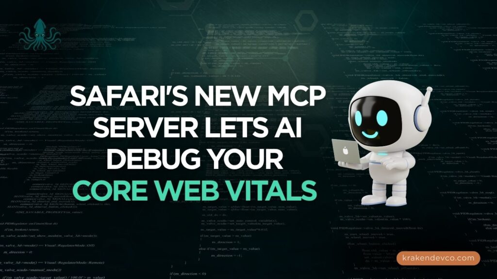 Bold banner featuring a friendly white robot with headphones holding a laptop, alongside large white and teal text about a new MCP server for AI web vital debugging.