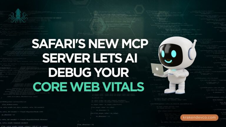 Bold banner featuring a friendly white robot with headphones holding a laptop, alongside large white and teal text about a new MCP server for AI web vital debugging.